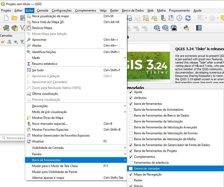 Ativar gerenciador de camadas no QGIS