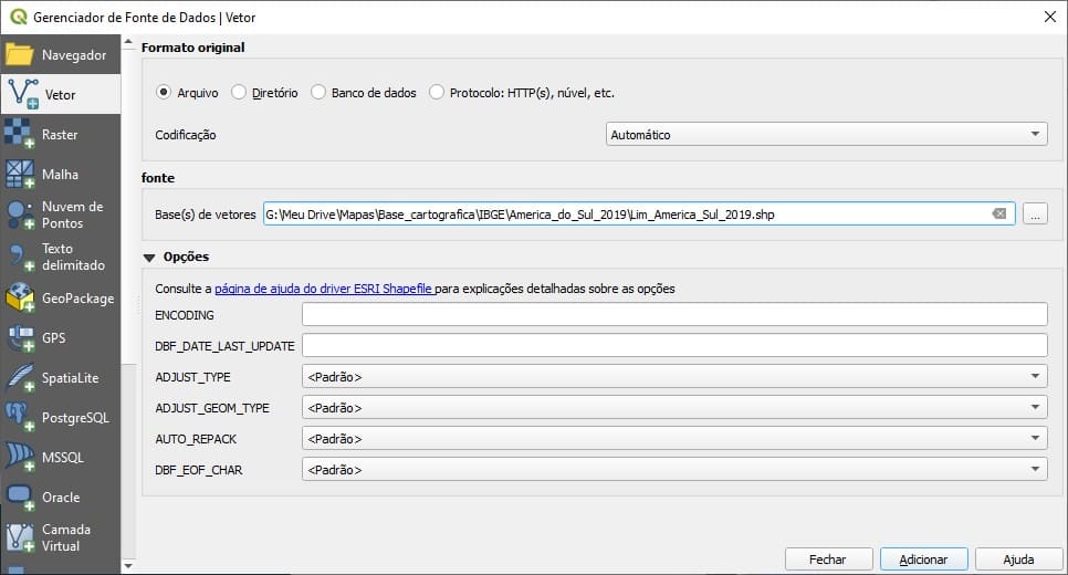 Adicionar shapefile no QGIS