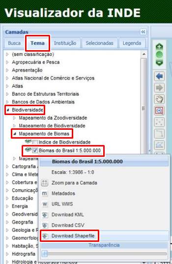 Como baixar shapefile no visualizador da INDE com os biomas do Brasil