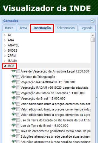 Selecionando a instituição IBGE para baixar KML no visualizador da INDE