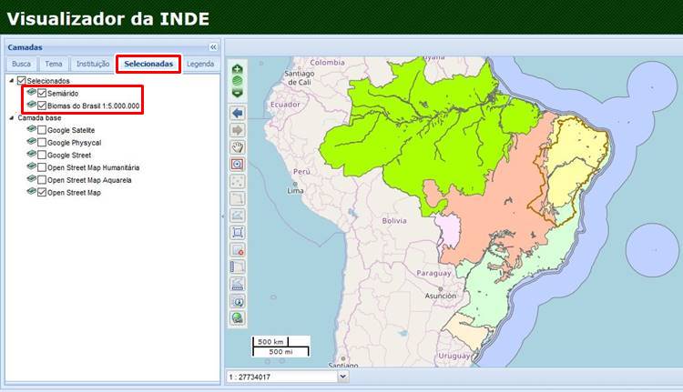 Desmarcando e marcando camadas no visualizador da INDE