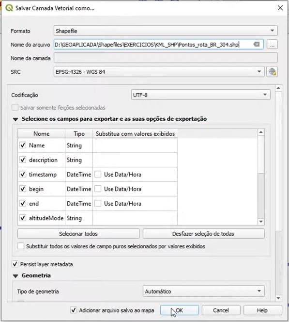 Configuracoes salvamento shp