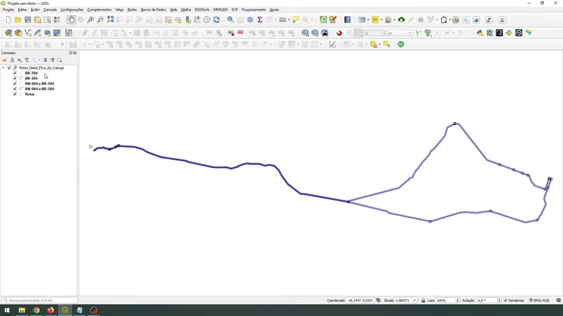 Rotas inseridas no qgis