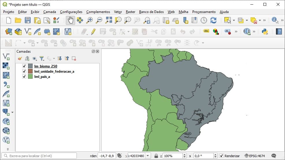 QGIS com as camadas importadas