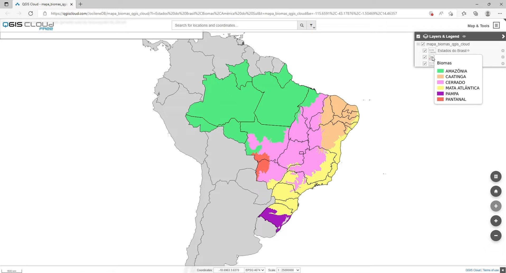 Mapa no WebGIS do QGIS Cloud