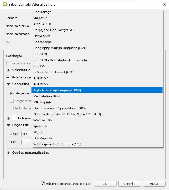 Escolher o formato kml
