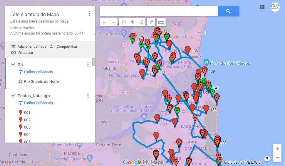 Coordenadas GPX importadas ao Google My Maps