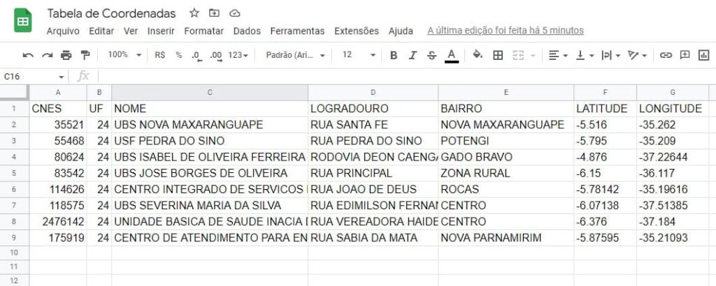 Tabela de dados com coordenadas em planilha