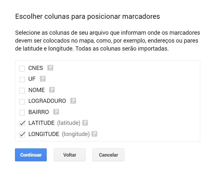 Selecionar as colunas de latitude e longitude