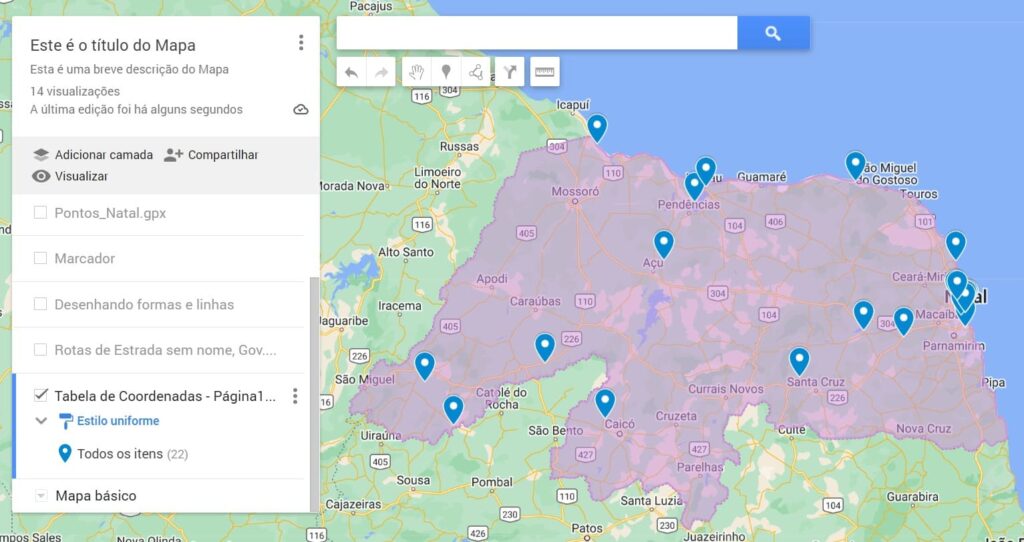 Marcadores adicionados ao Google My Maps a partir de arquivo CSV
