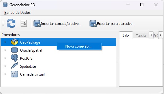 Abrir Geopackage no QGIS pelo Gerenciador de BD