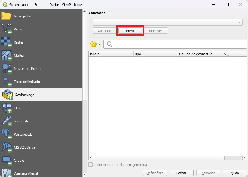 Abrir Geopackage no QGIS pelo Gerenciador de Fonte de Dados
