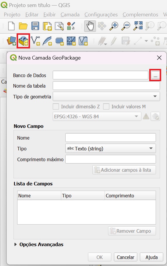 Janela da nova camada Geopackage no QGIS