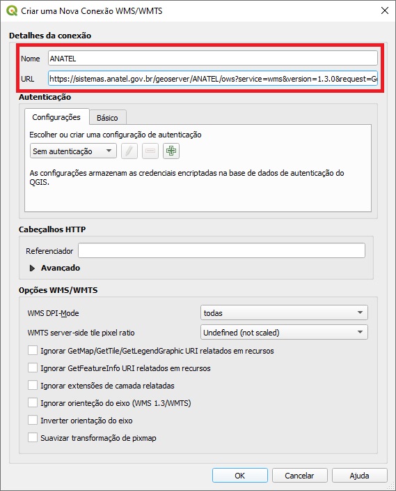 Abrir WMS no QGIS - Selecionar nome e URL do servidor de geosserviços