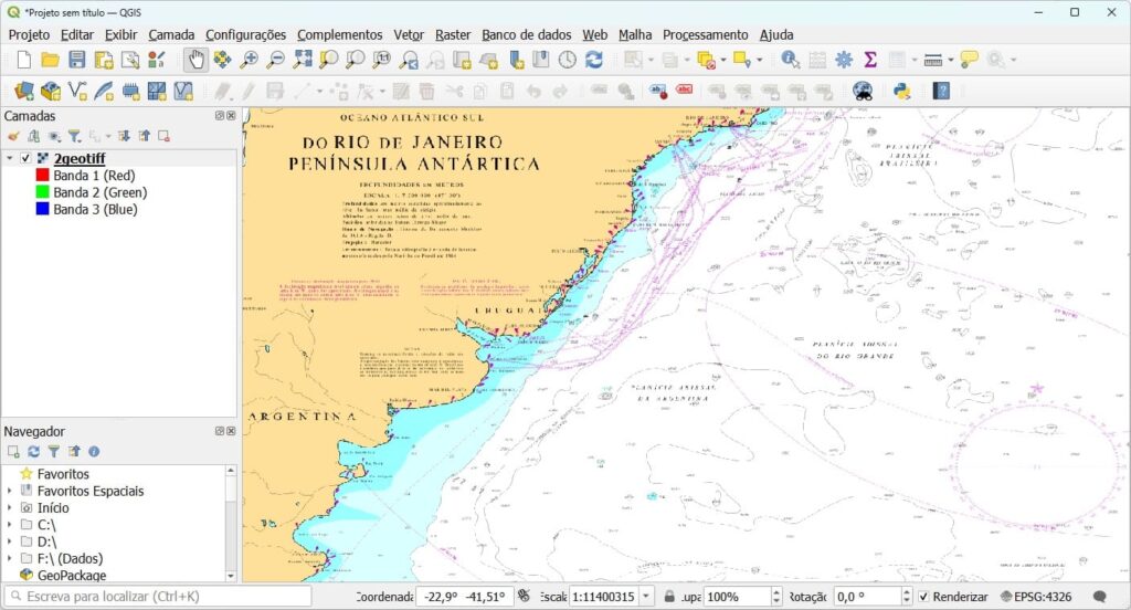Cartas Náuticas do Brasil vista no QGIS