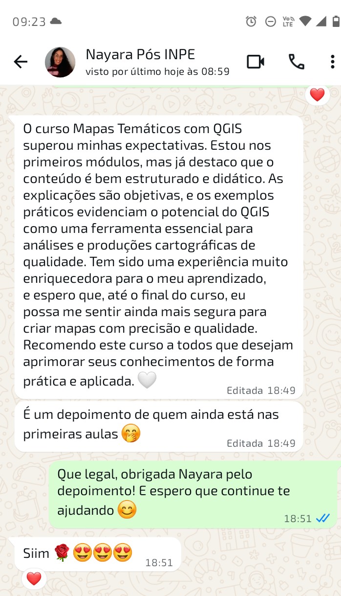 Depoimento da aluna Nayara para o curso de Mapas Temáticos com QGIS
